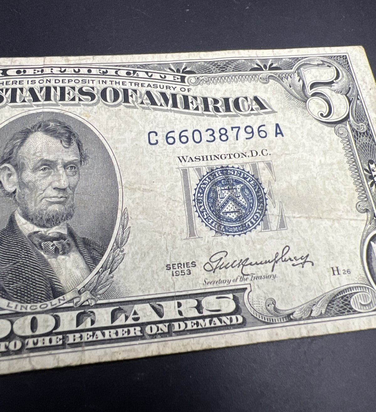 1953 $5 Silver Certificate Note Blue Seal Bill VG Very Good Circ #796