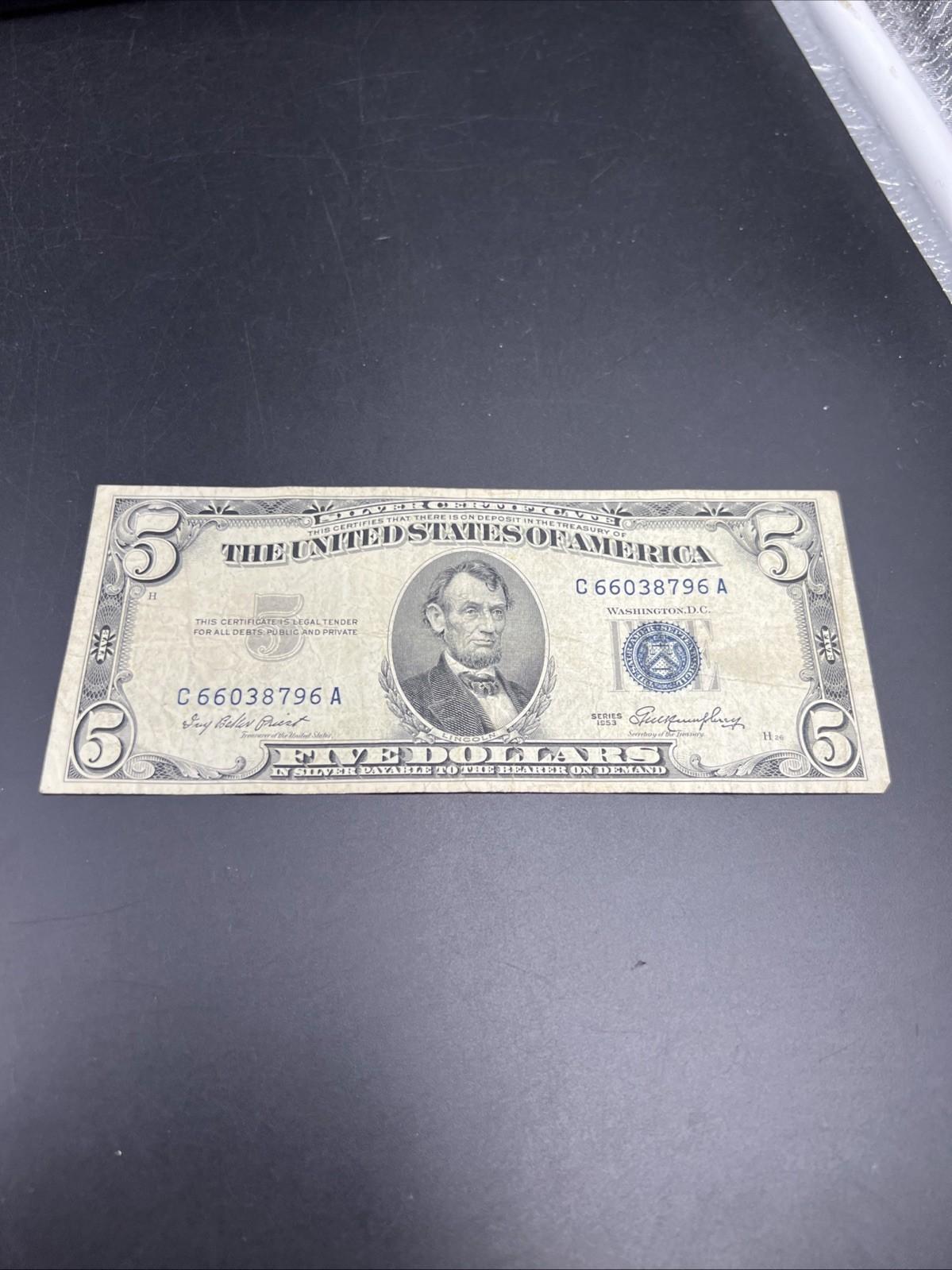 1953 $5 Silver Certificate Note Blue Seal Bill VG Very Good Circ #796