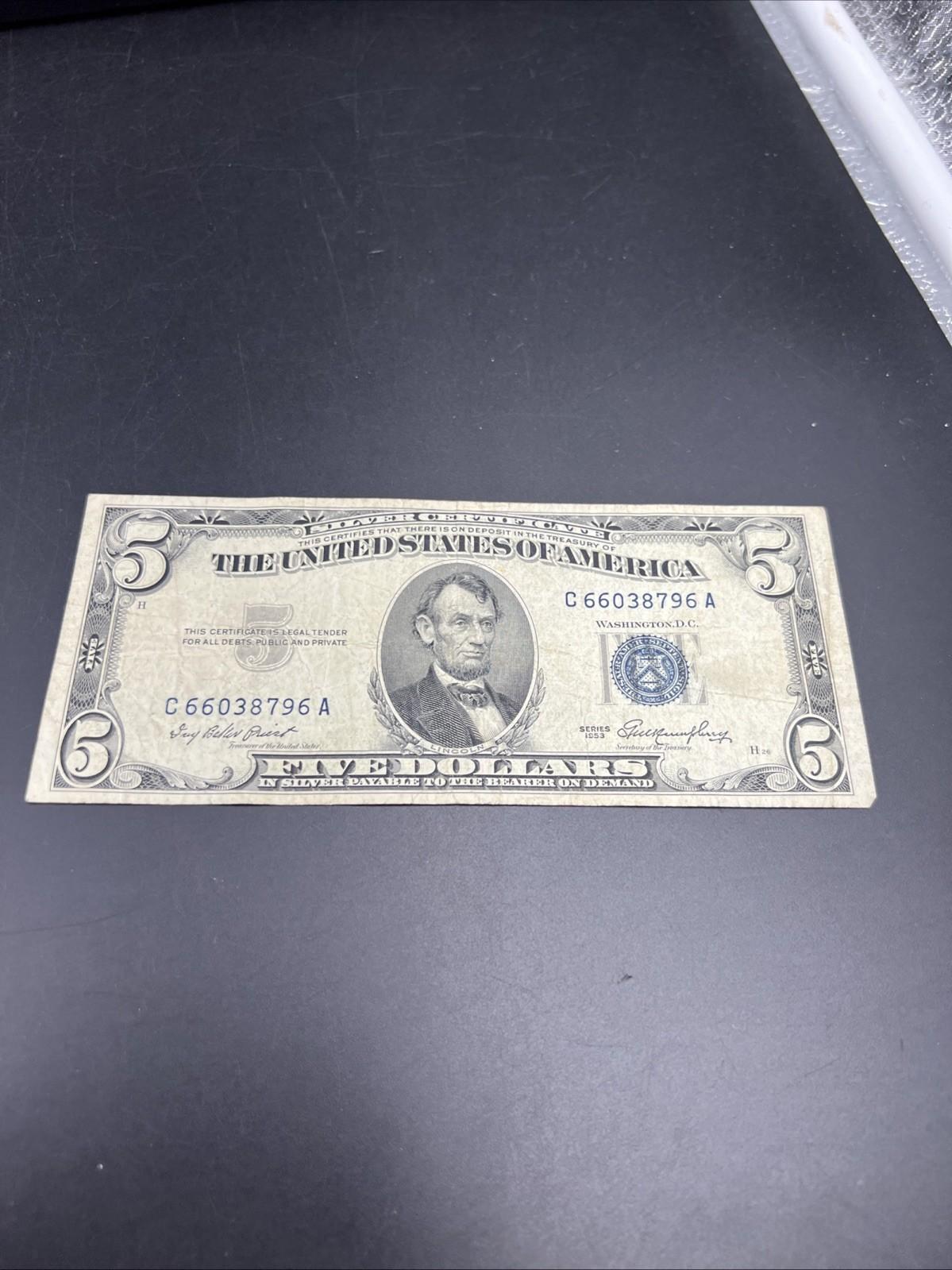 1953 $5 Silver Certificate Note Blue Seal Bill VG Very Good Circ #796