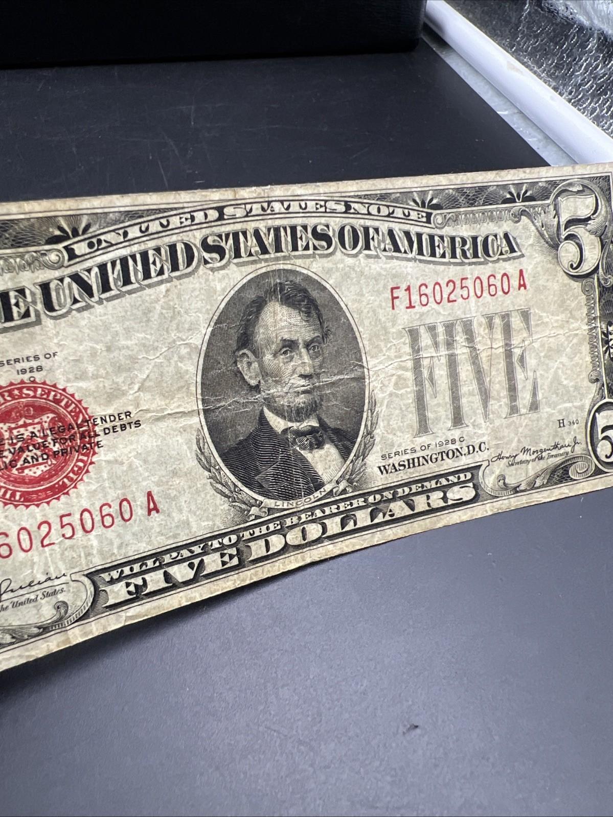 1928 C $5 USN United States Note Red Seal CH VG / Fine Circ #060