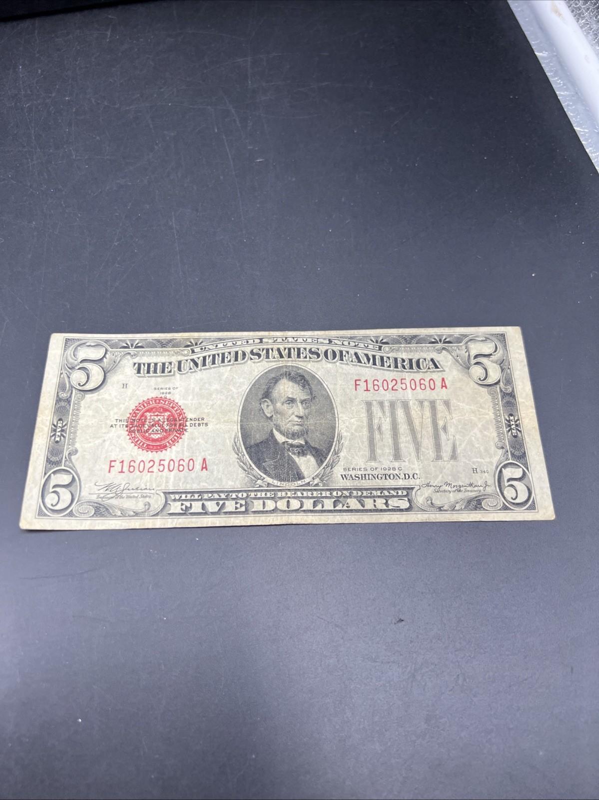 1928 C $5 USN United States Note Red Seal CH VG / Fine Circ #060