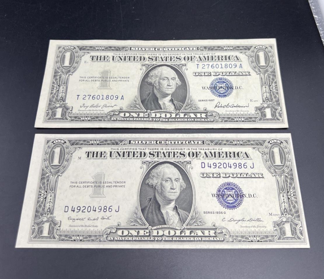 2 Note Silver Certificate Blue Seal Bills Set 1957 VF 1935 XF
