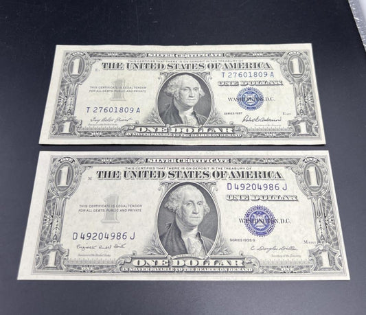 2 Note Silver Certificate Blue Seal Bills Set 1957 VF 1935 XF