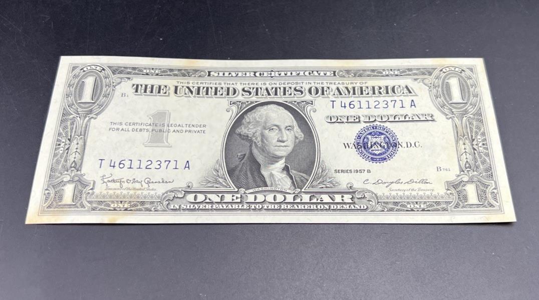 1957 B $1 One Dollar Silver Certificate Blue Seal UNC Details stain #371