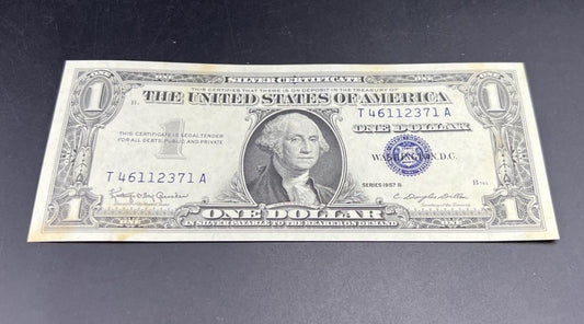 1957 B $1 One Dollar Silver Certificate Blue Seal UNC Details stain #371
