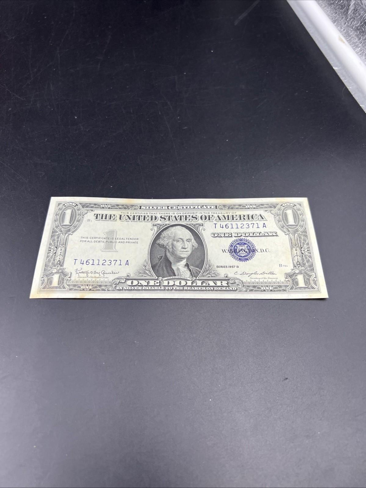 1957 B $1 One Dollar Silver Certificate Blue Seal UNC Details stain #371