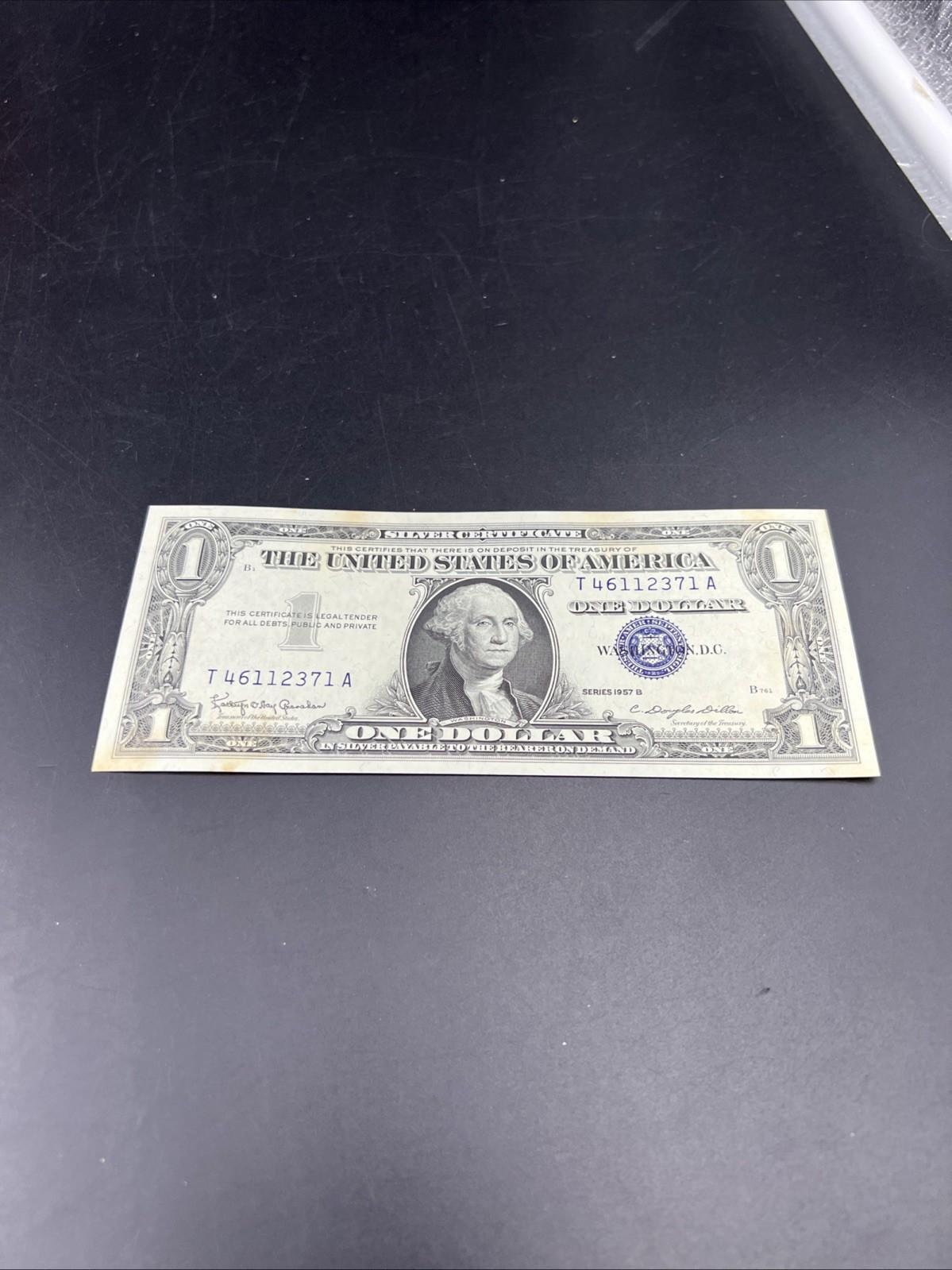 1957 B $1 One Dollar Silver Certificate Blue Seal UNC Details stain #371