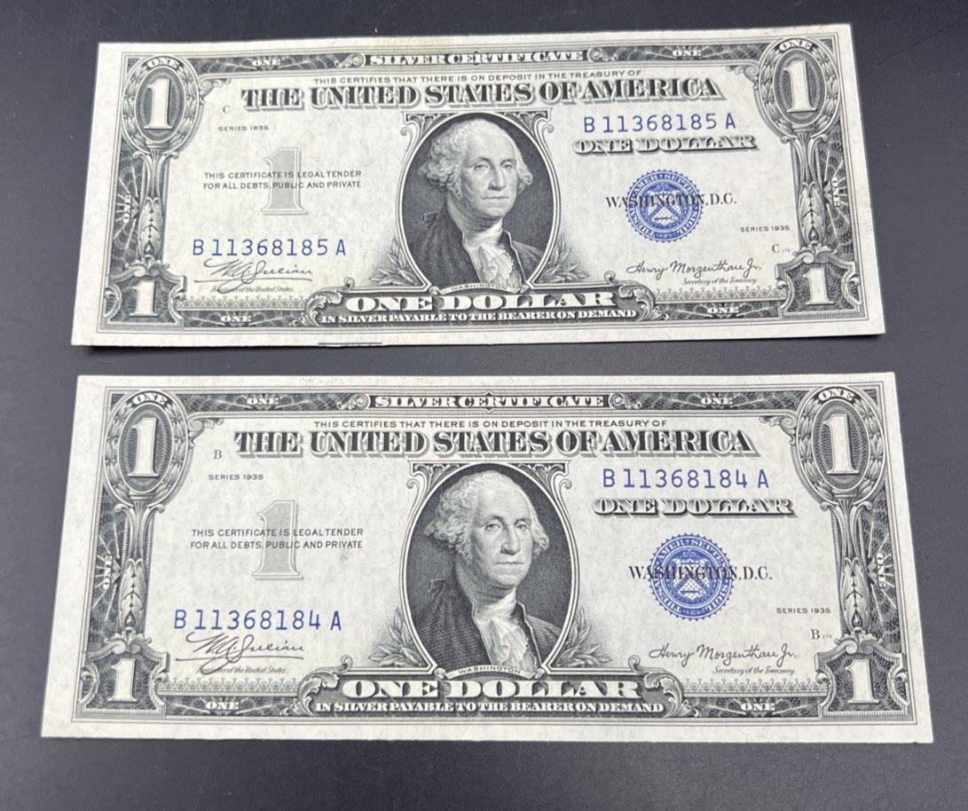 2 Consecutive 1935 $1 One Dollar Blue Seal Silver Certificates CH UNC #184