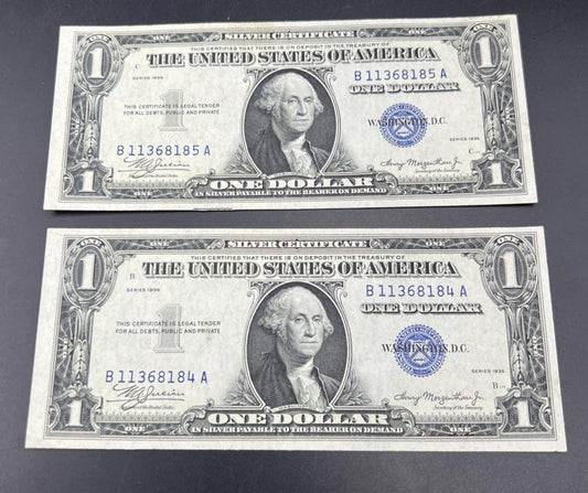2 Consecutive 1935 $1 One Dollar Blue Seal Silver Certificates CH UNC #184