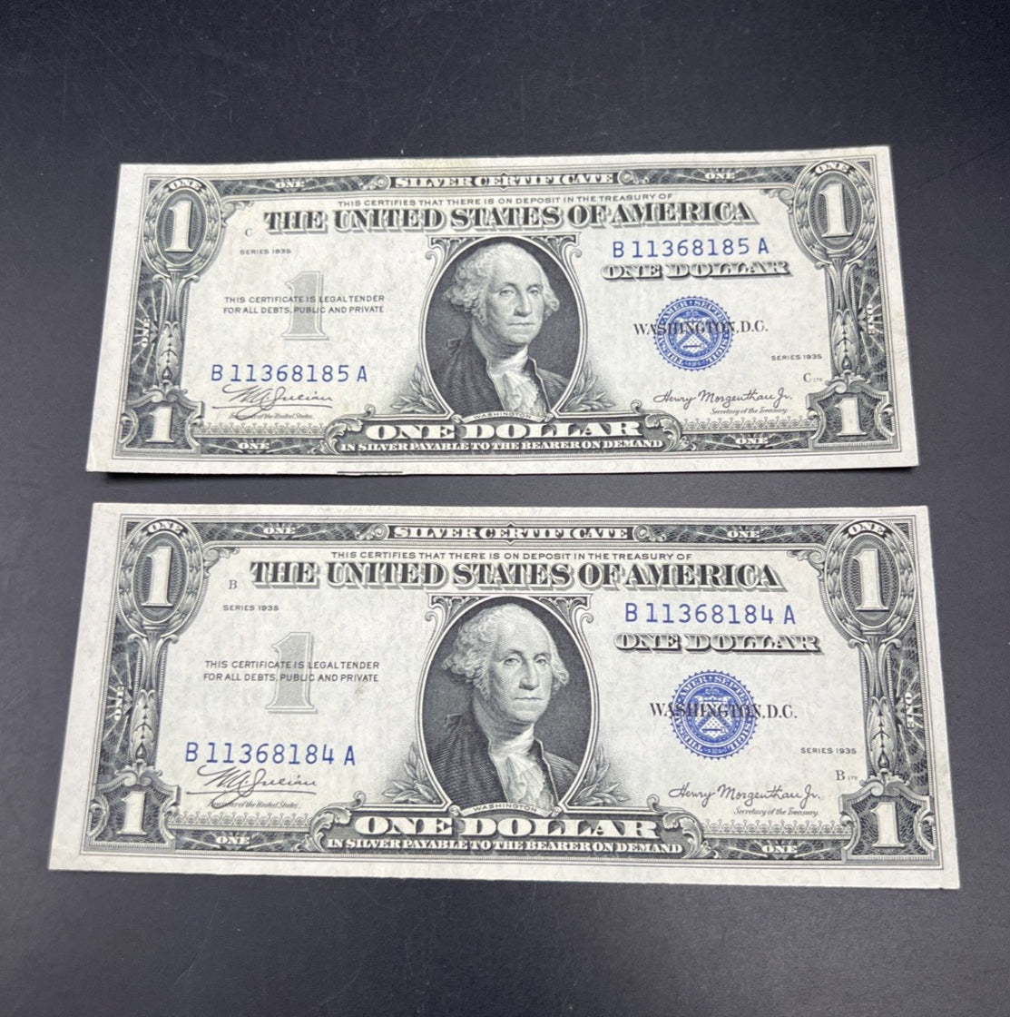 2 Consecutive 1935 $1 One Dollar Blue Seal Silver Certificates CH UNC #184