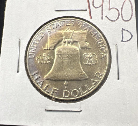 1950 D Franklin Half Dollar Silver Coin CH AU Nice Toning Toner SKU#A
