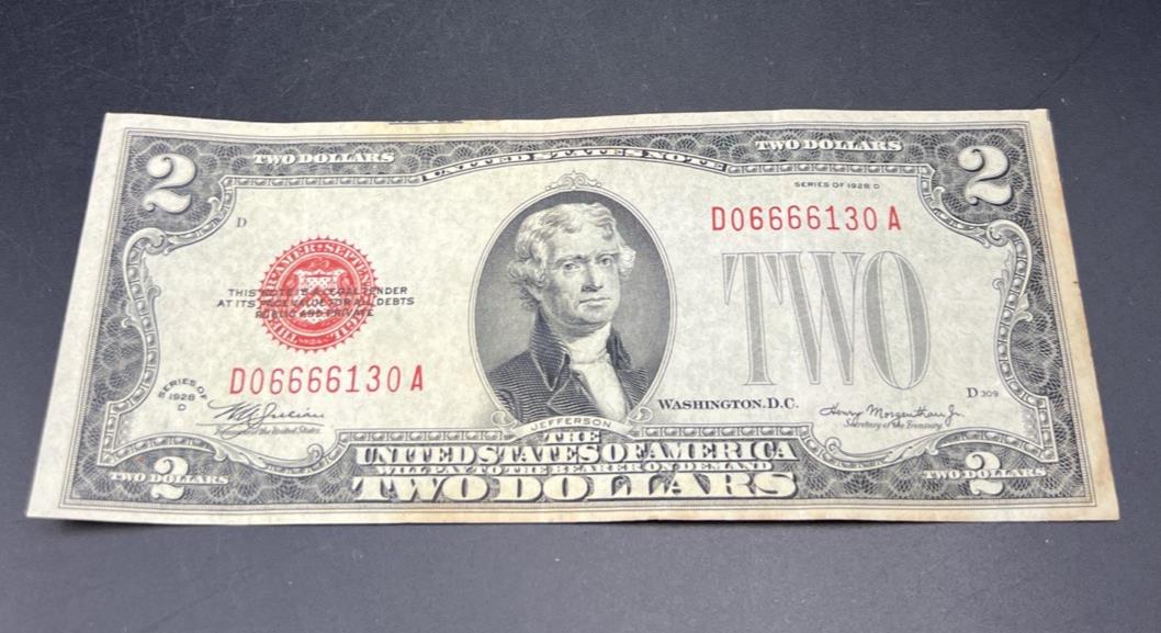 1928 D $2 USN United States Note Red Seal Repeat Serial #06666130 CH FINE / VF