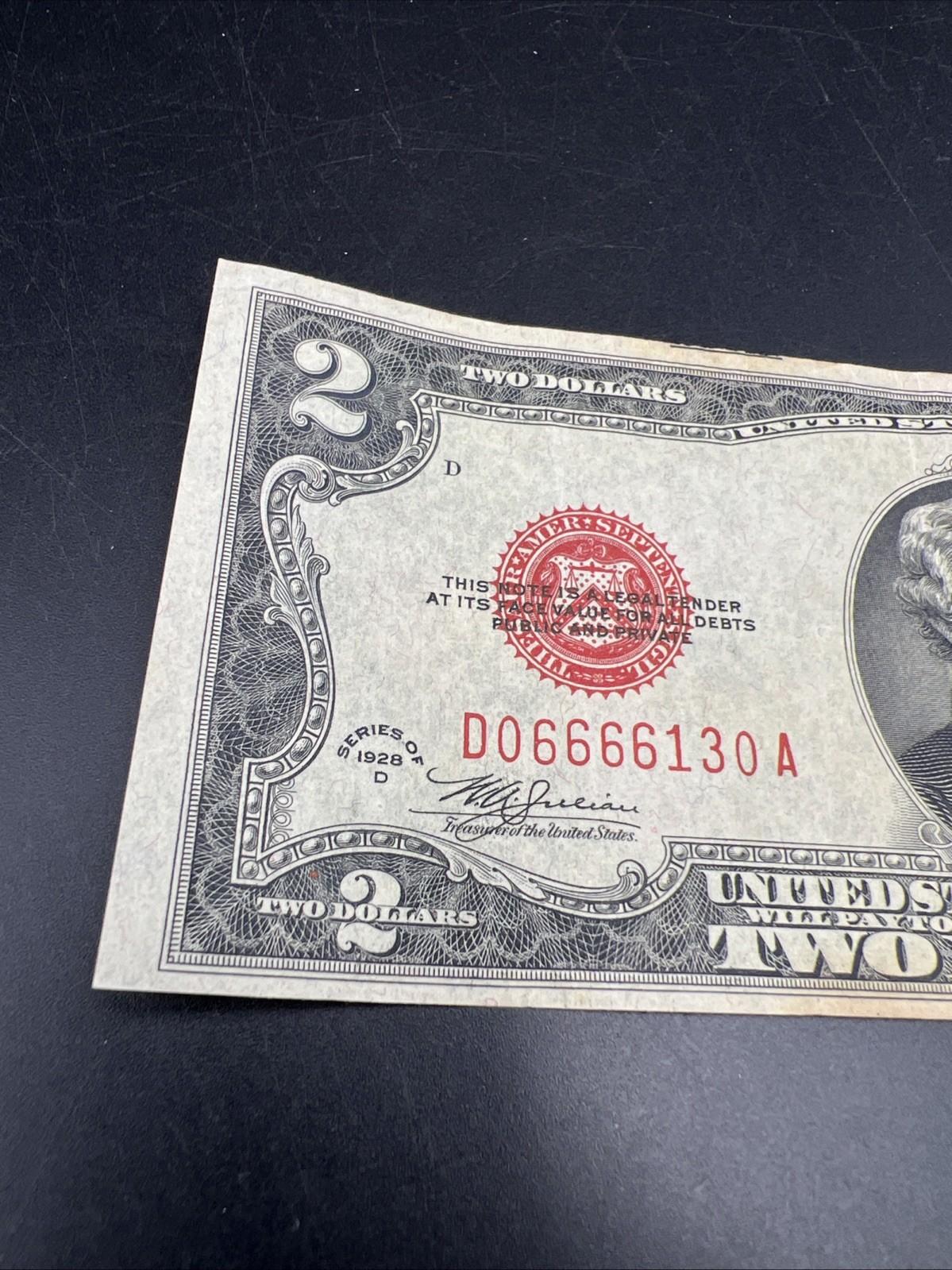 1928 D $2 USN United States Note Red Seal Repeat Serial #06666130 CH FINE / VF