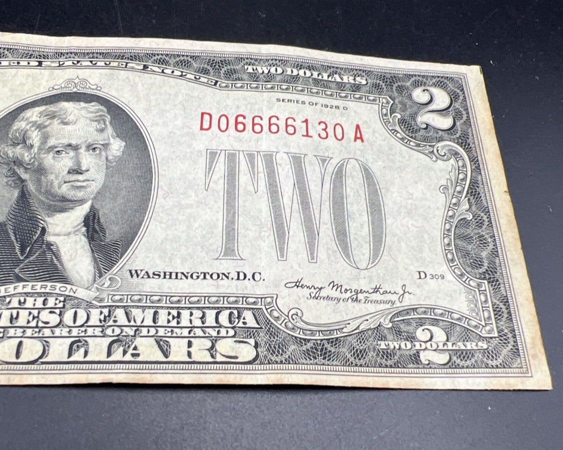 1928 D $2 USN United States Note Red Seal Repeat Serial #06666130 CH FINE / VF
