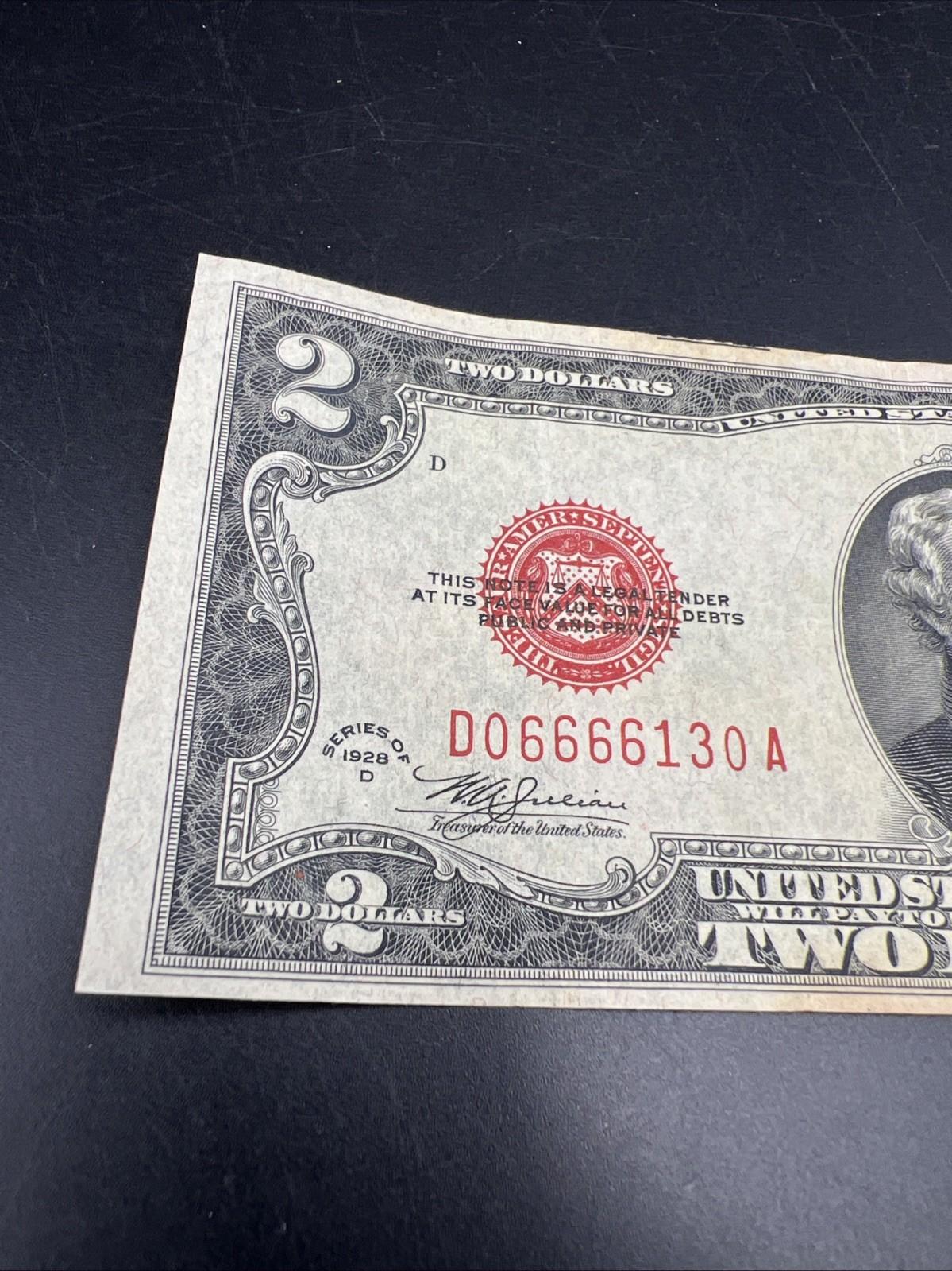 1928 D $2 USN United States Note Red Seal Repeat Serial #06666130 CH FINE / VF