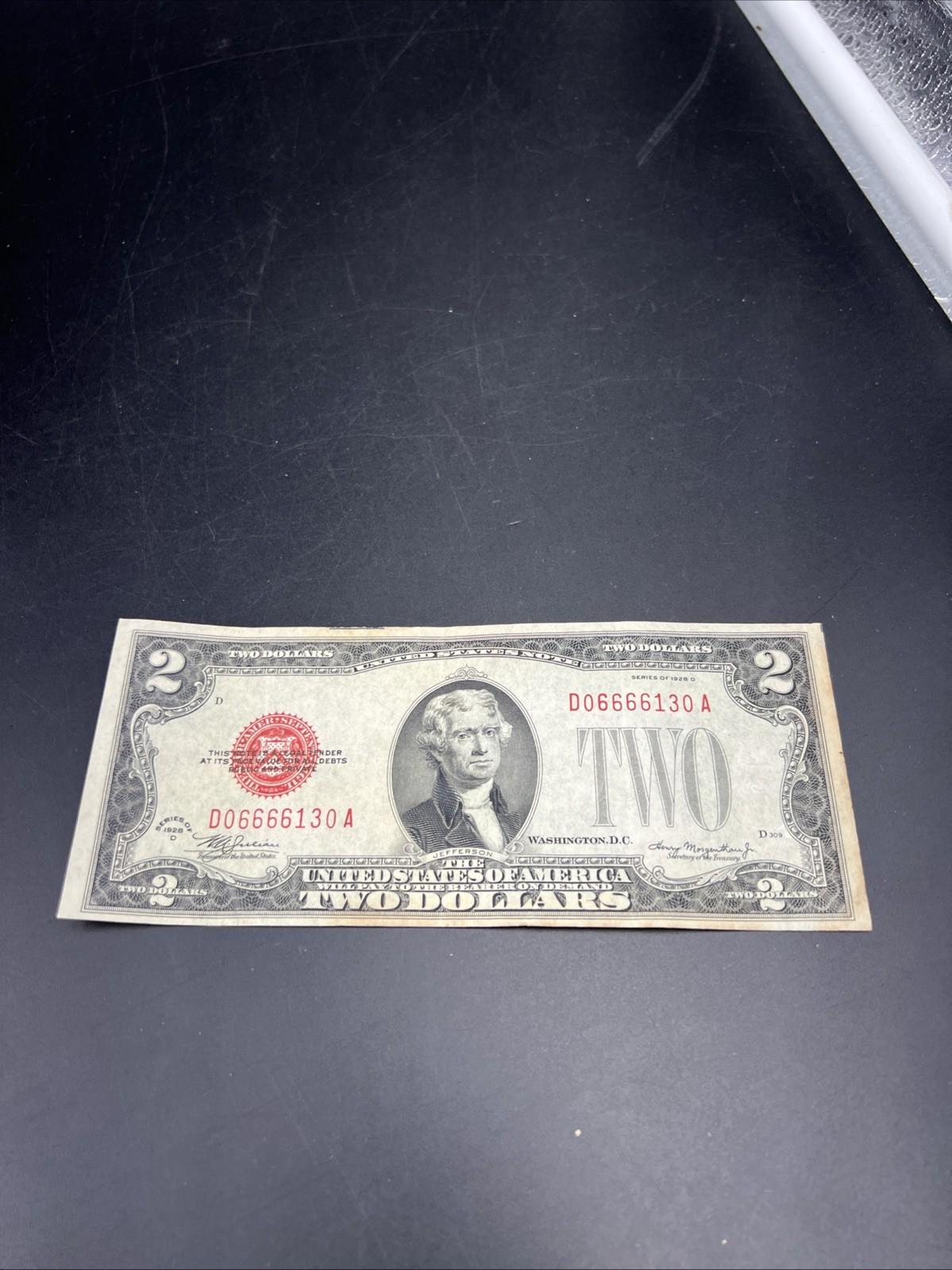 1928 D $2 USN United States Note Red Seal Repeat Serial #06666130 CH FINE / VF