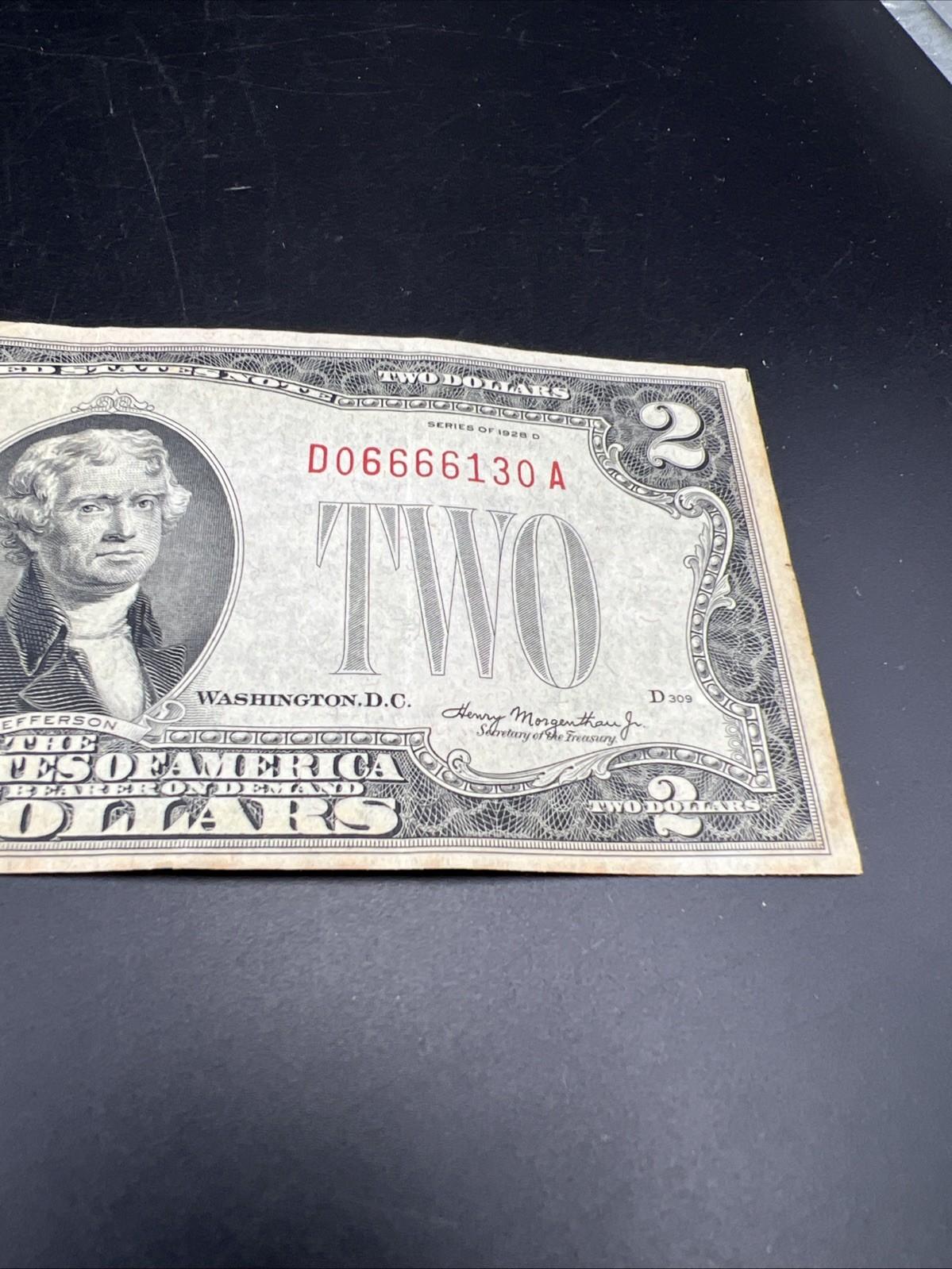 1928 D $2 USN United States Note Red Seal Repeat Serial #06666130 CH FINE / VF