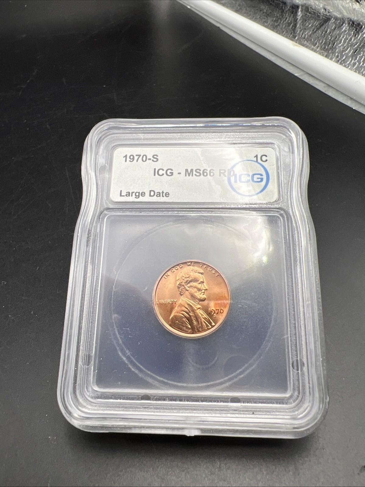1970 S 1c Lincoln Memorial Cent Penny MS66 ICG Large Date Variety