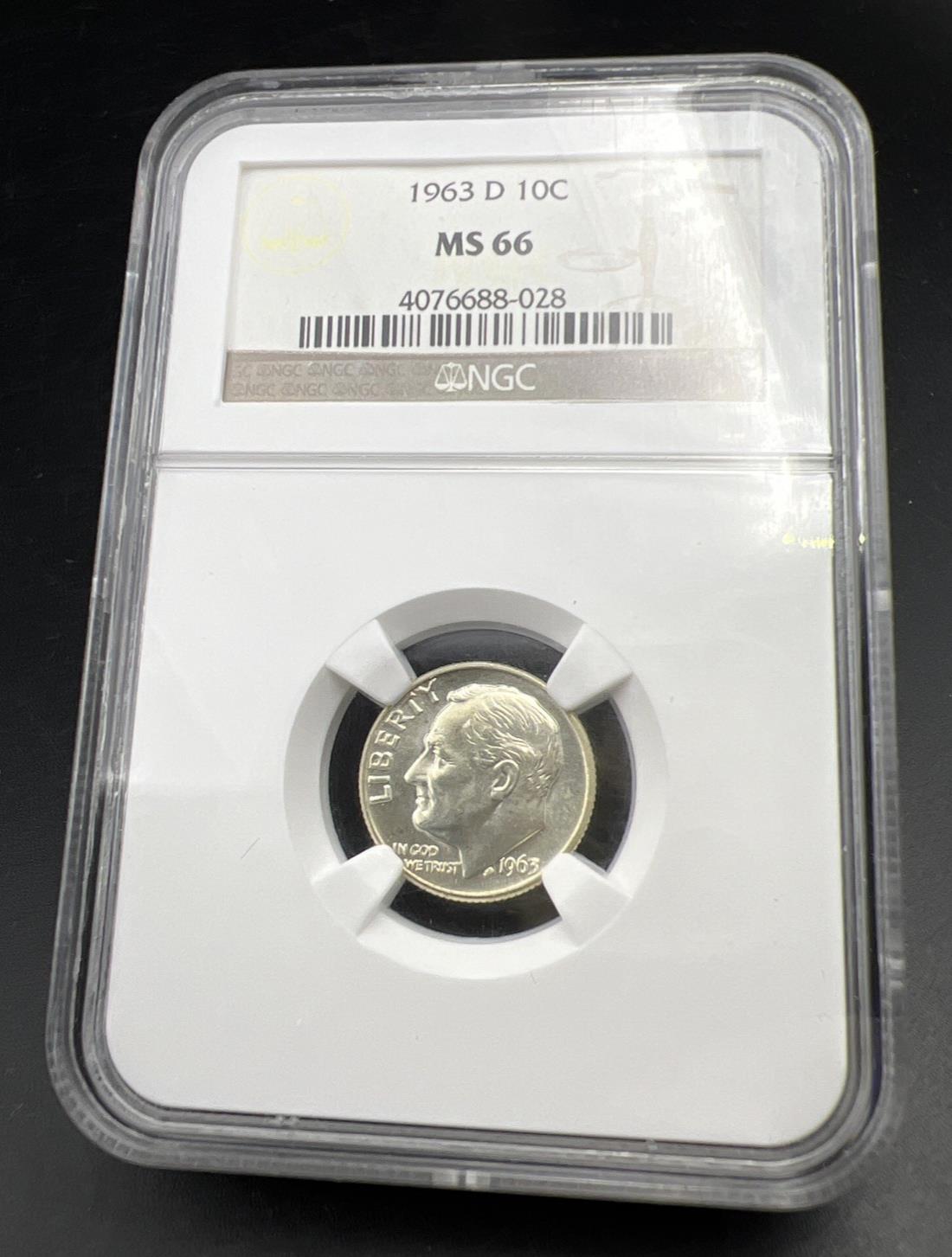 1963 D 10c Roosevelt Silver Dime Coin NGC MS66 Gem BU Certified #028