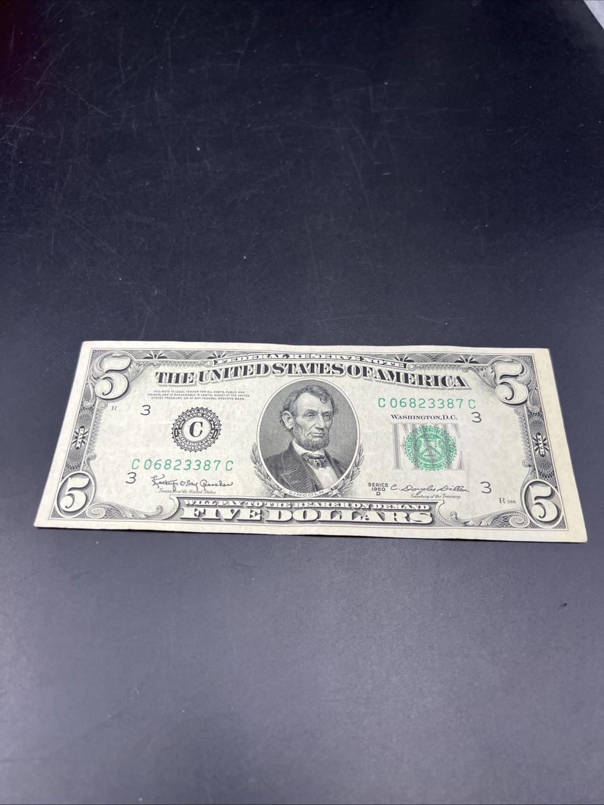 1950 D $5 FRN Five Dollar Federal Reserve Note Green Seal VF Very Fine #287