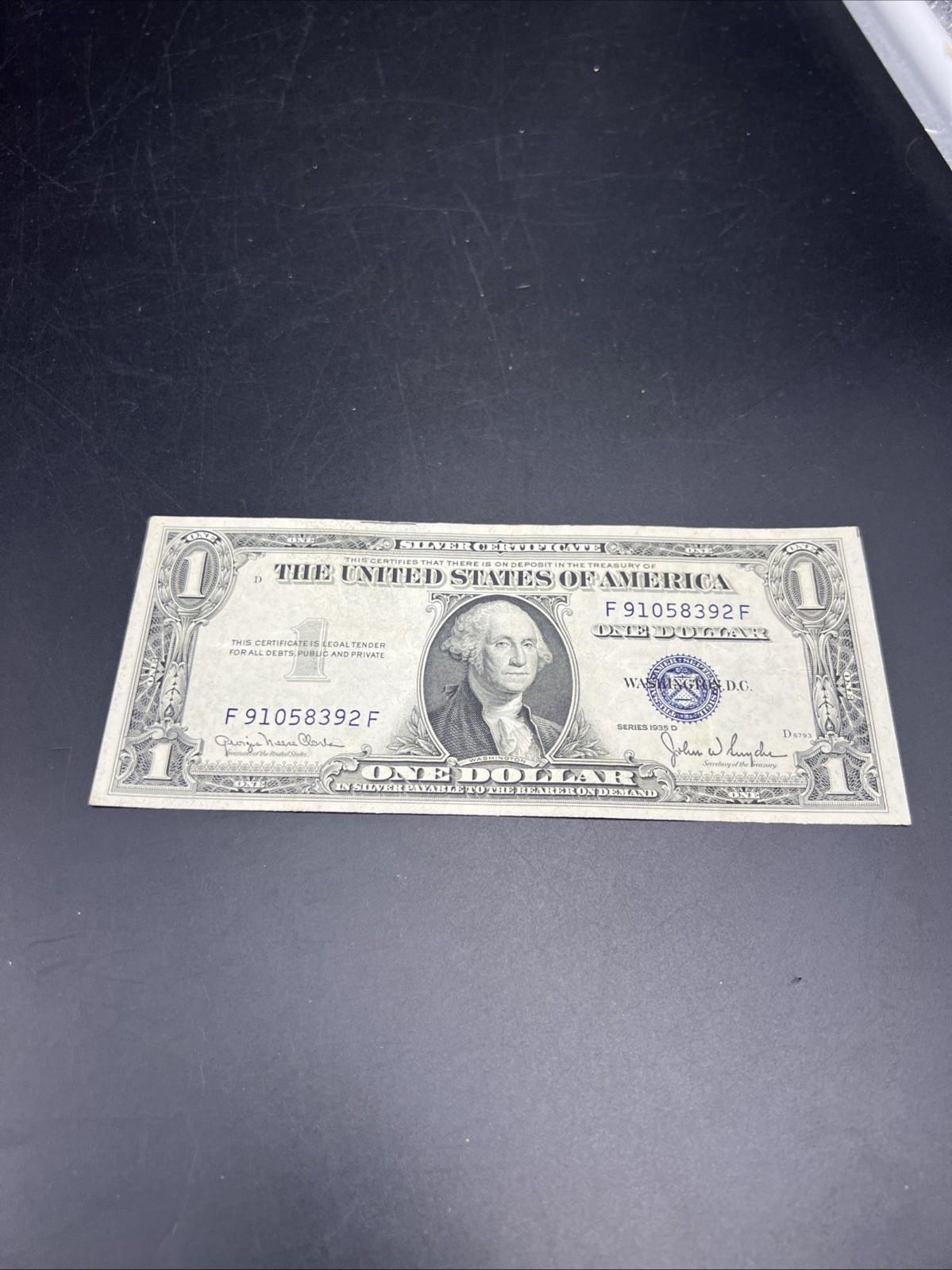 1935 D $1 One Dollar Blue Seal Silver Certificate VF Very Fine #392