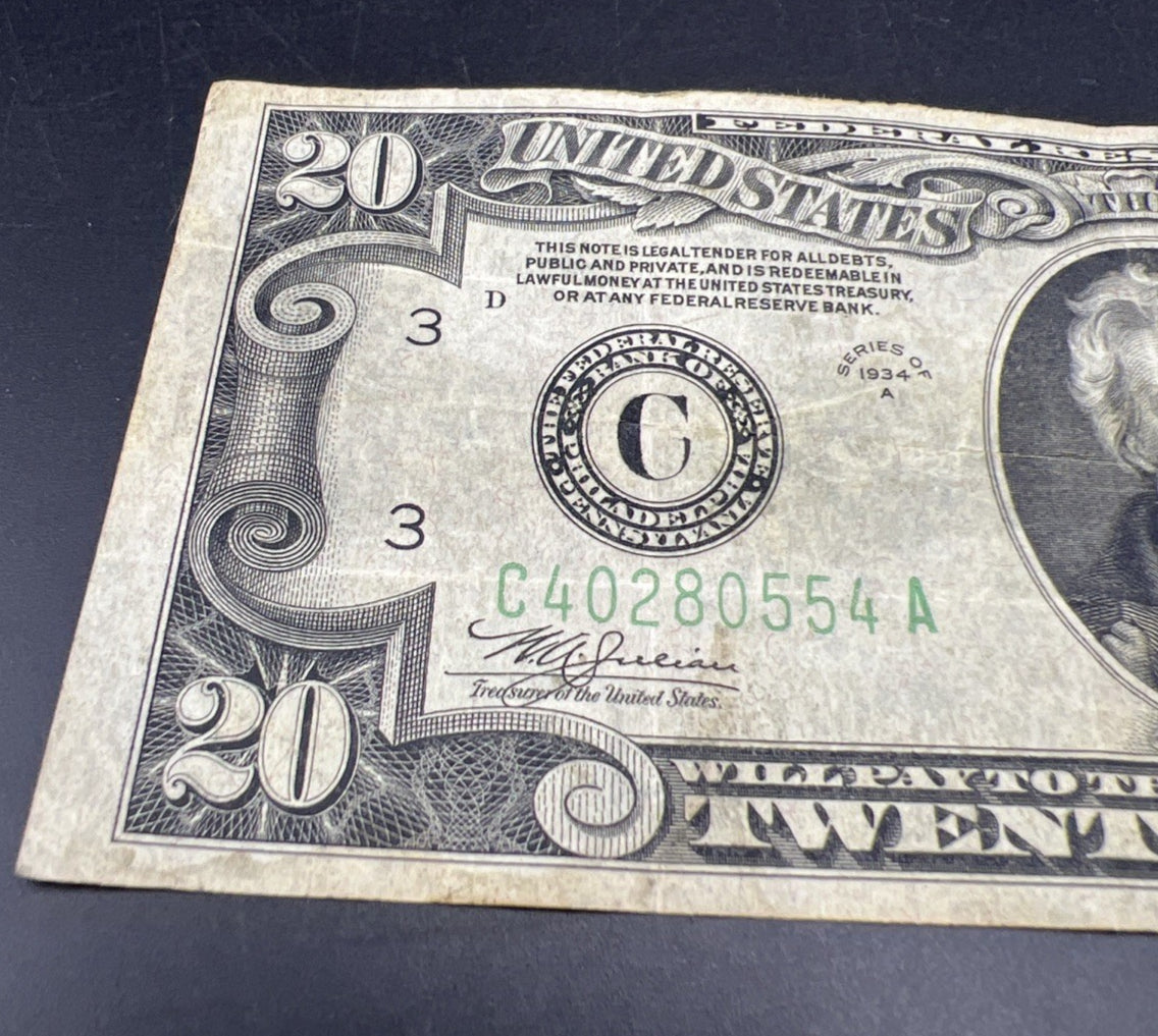 1934 A $20 FRN Federal Reserve Note Choice Fine Circ #554