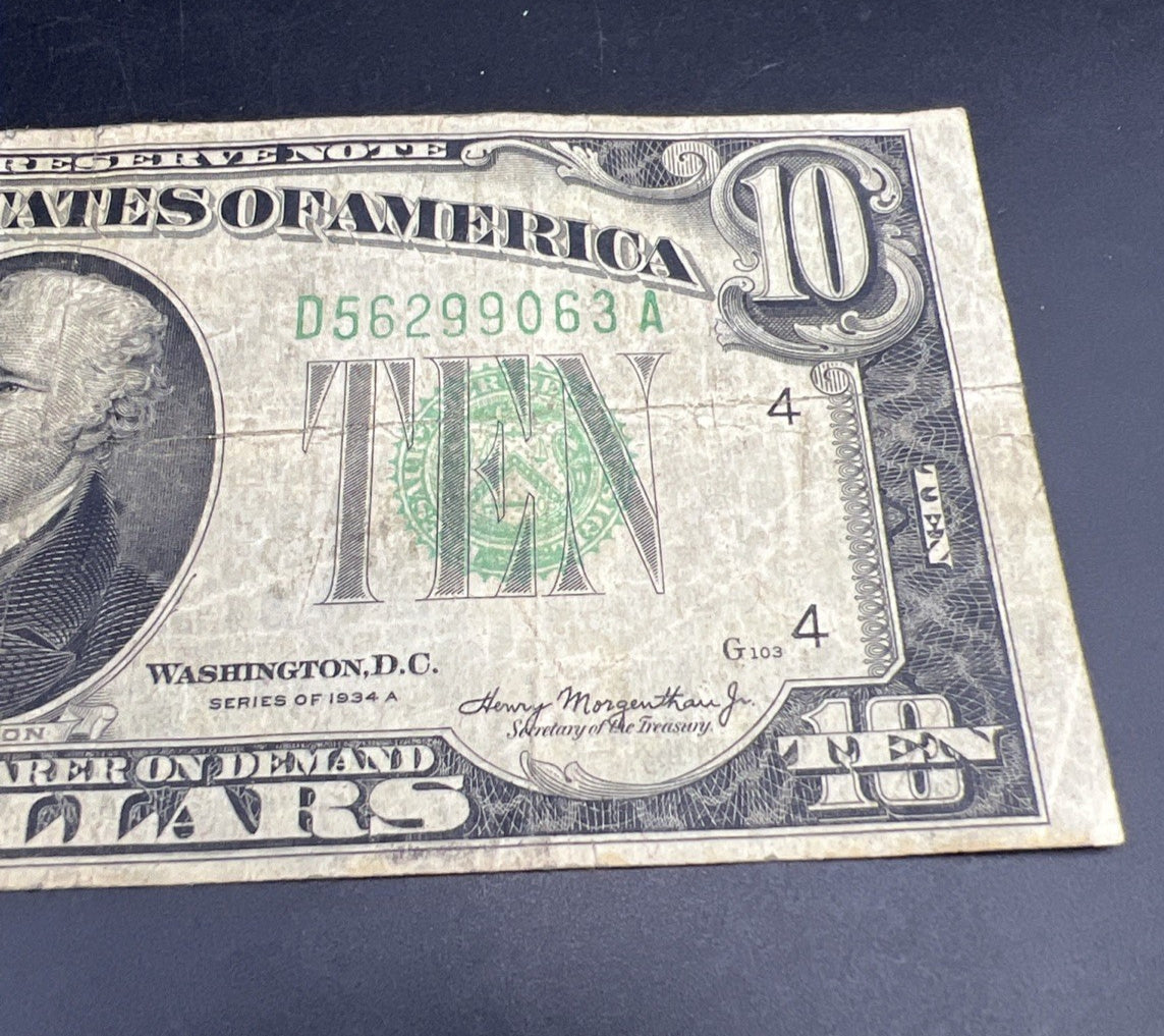 1934 A $10 FRN Federal Reserve Note VG Very Good Circ #063