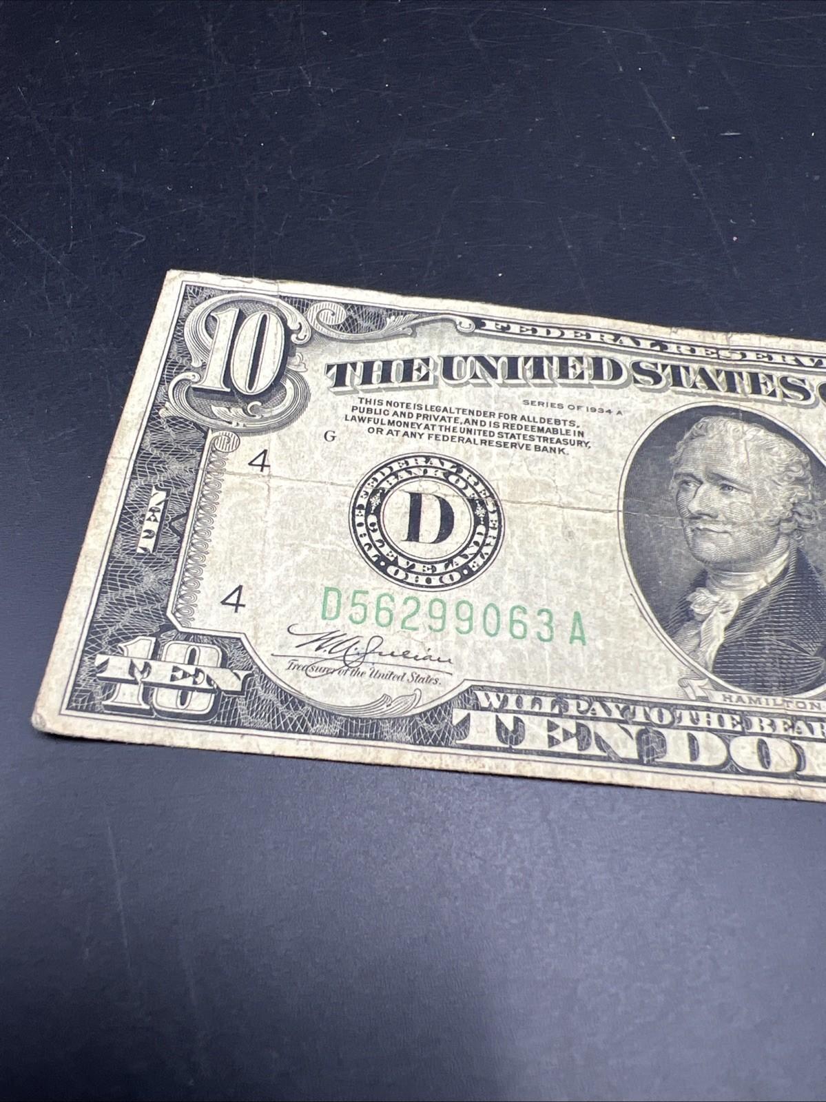 1934 A $10 FRN Federal Reserve Note VG Very Good Circ #063