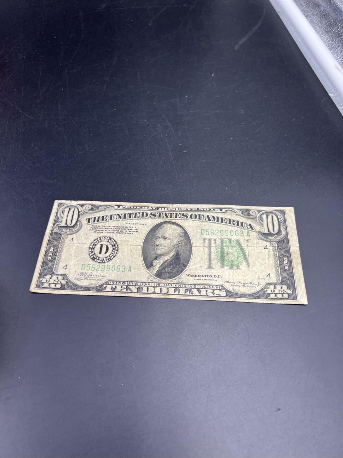 1934 A $10 FRN Federal Reserve Note VG Very Good Circ #063