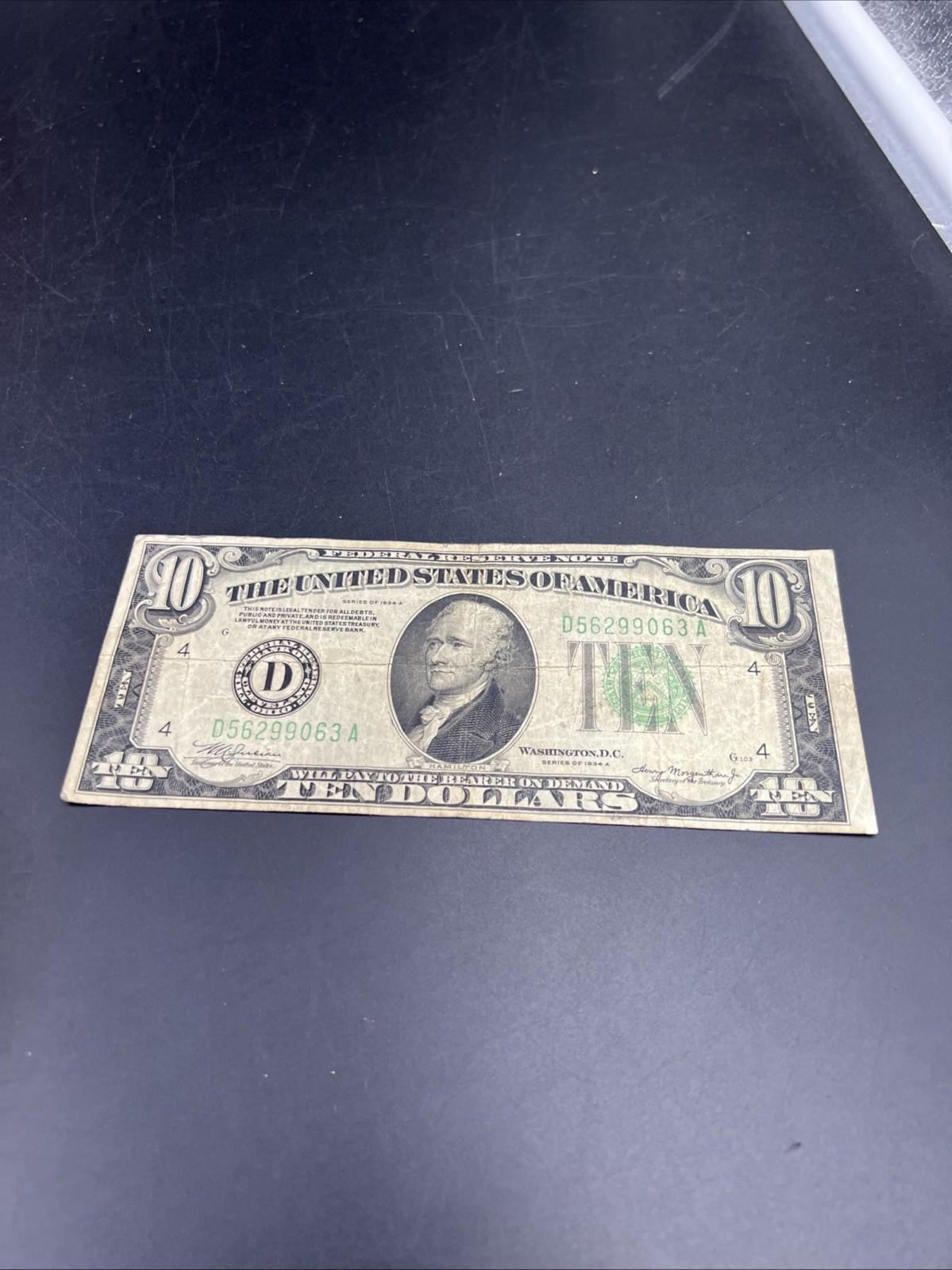 1934 A $10 FRN Federal Reserve Note VG Very Good Circ #063