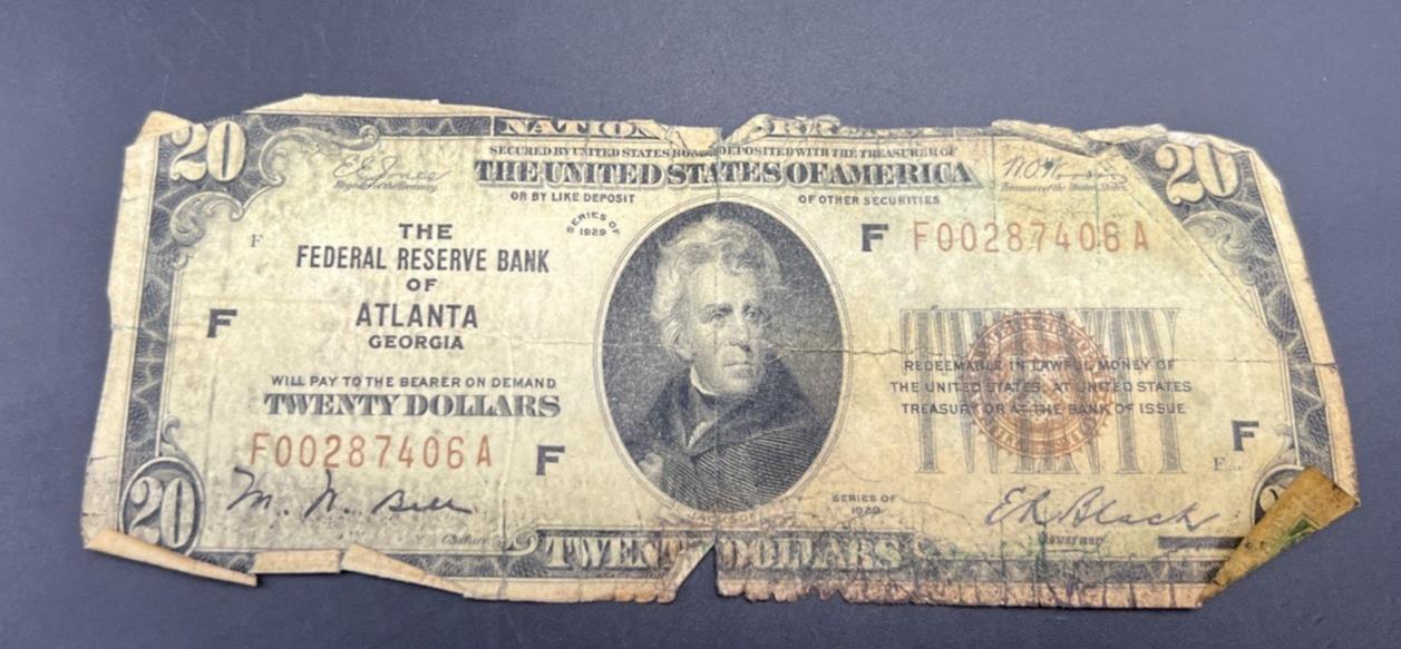 1929 $20 National Bank FRN Note Atlanta Very Circ Cull Ugly Damaged Low Serial #