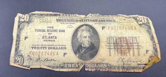 1929 $20 National Bank FRN Note Atlanta Very Circ Cull Ugly Damaged Low Serial #