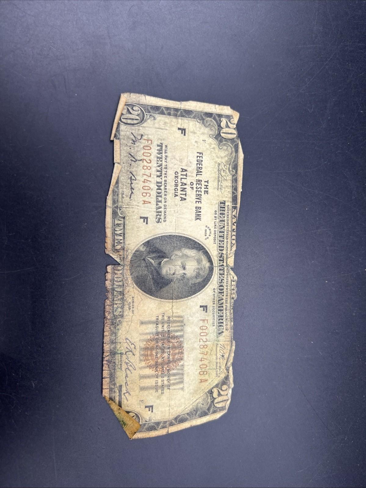 1929 $20 National Bank FRN Note Atlanta Very Circ Cull Ugly Damaged Low Serial #