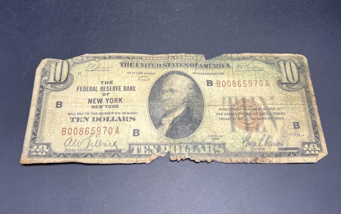1929 $10 National Bank New York Very Circ Cull Ugly Damaged Low Serial #00865970