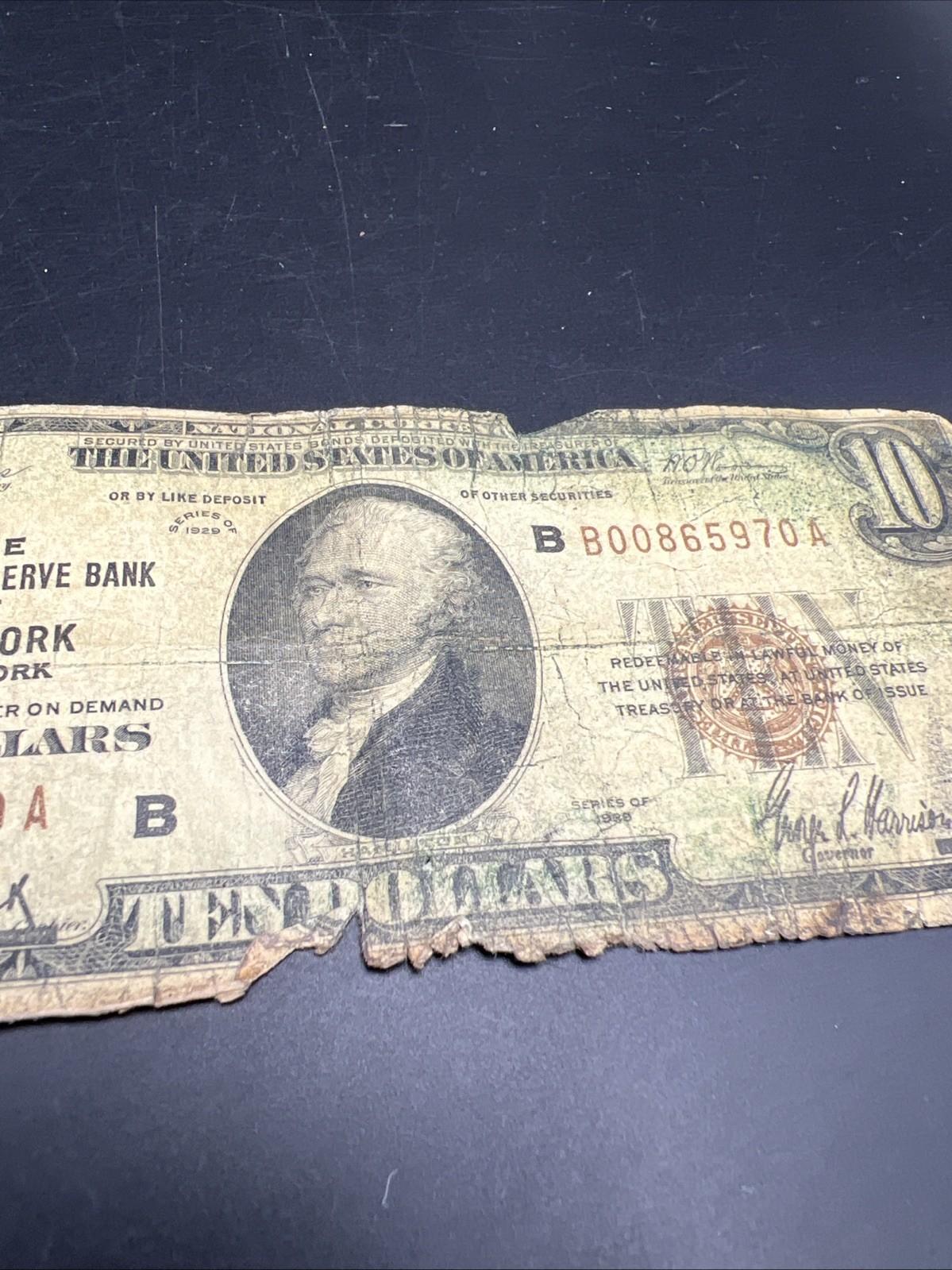 1929 $10 National Bank New York Very Circ Cull Ugly Damaged Low Serial #00865970