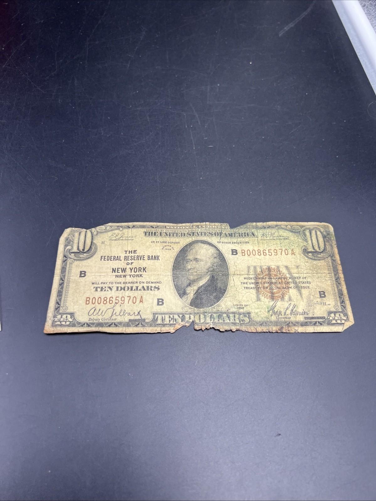 1929 $10 National Bank New York Very Circ Cull Ugly Damaged Low Serial #00865970