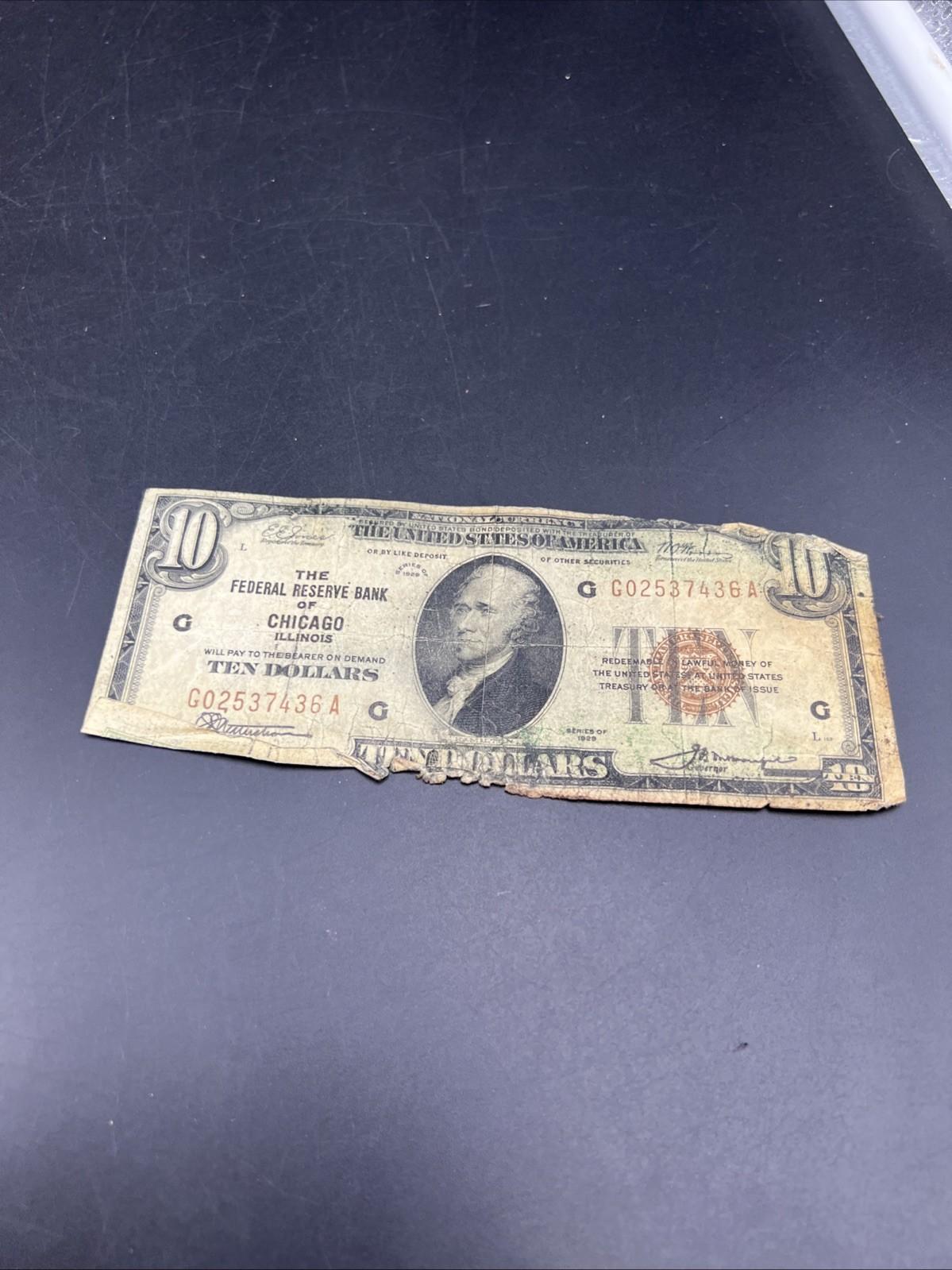1929 $10 National Bank Chicago Very Circ Cull Ugly Damaged Low Serial #436