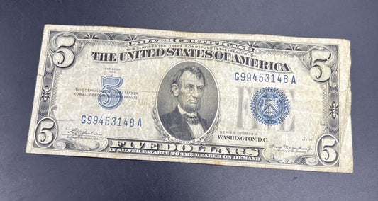 1934 A $5 Silver Certificate Note Blue Seal Bill VG Very Good Circ #148
