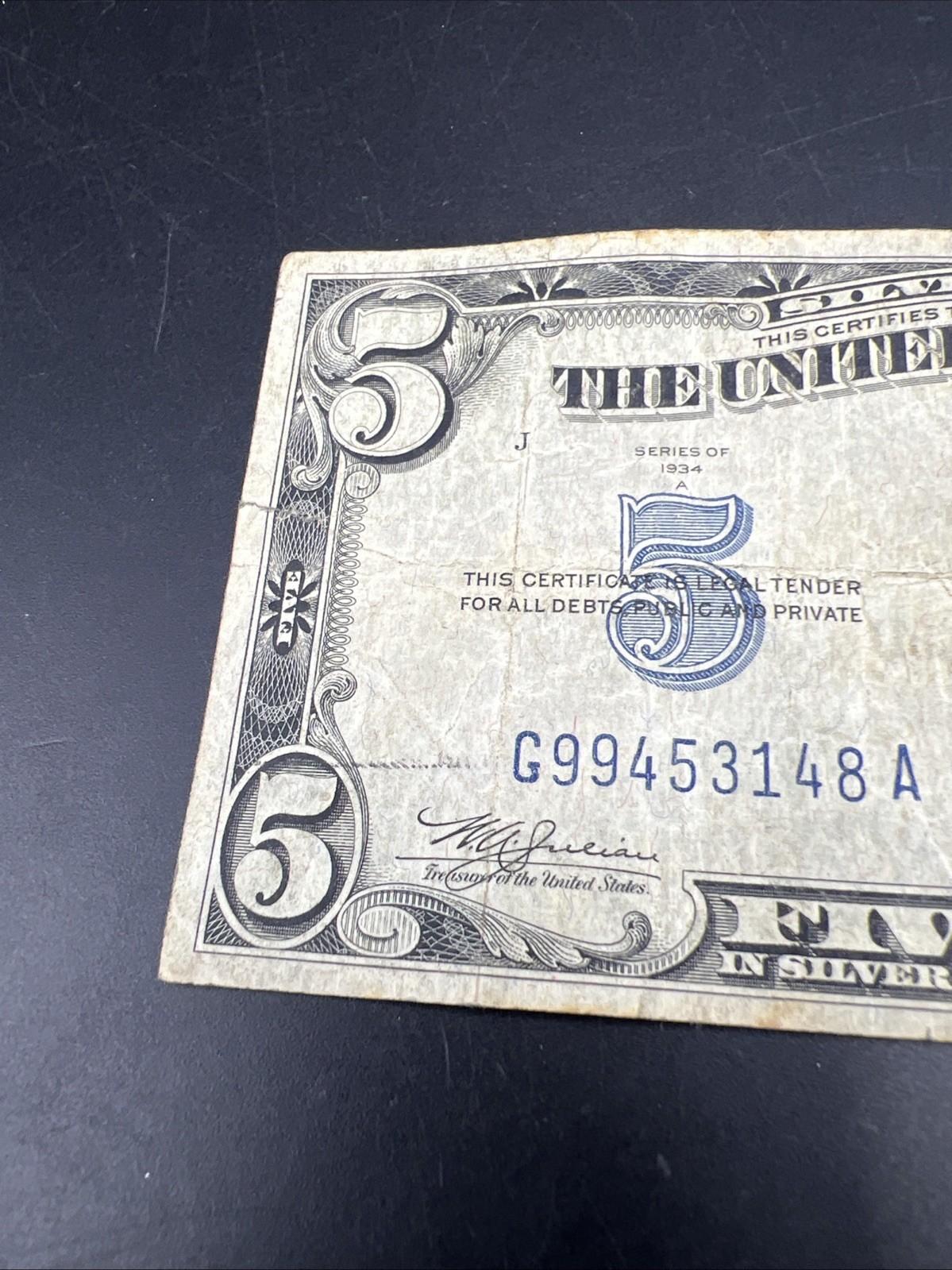 1934 A $5 Silver Certificate Note Blue Seal Bill VG Very Good Circ #148