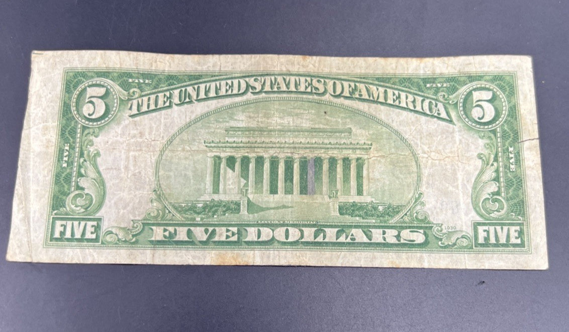 1934 A $5 Silver Certificate Note Blue Seal Bill VG Very Good Circ #148