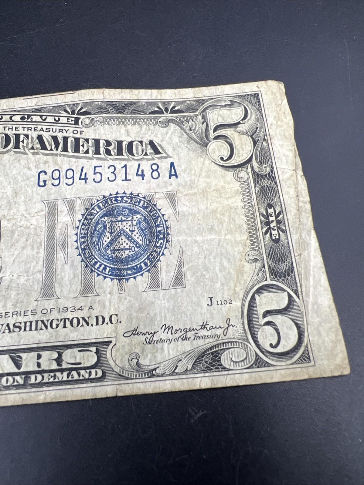 1934 A $5 Silver Certificate Note Blue Seal Bill VG Very Good Circ #148