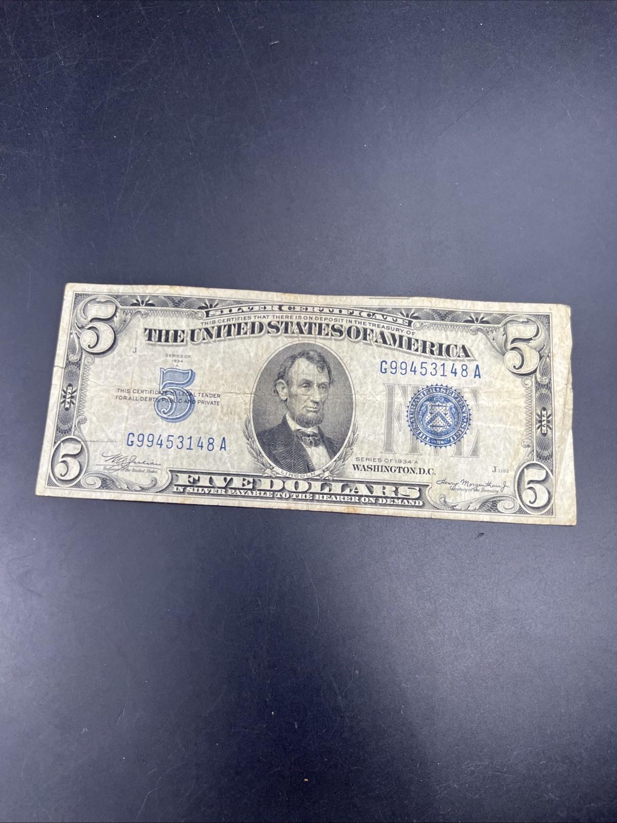 1934 A $5 Silver Certificate Note Blue Seal Bill VG Very Good Circ #148