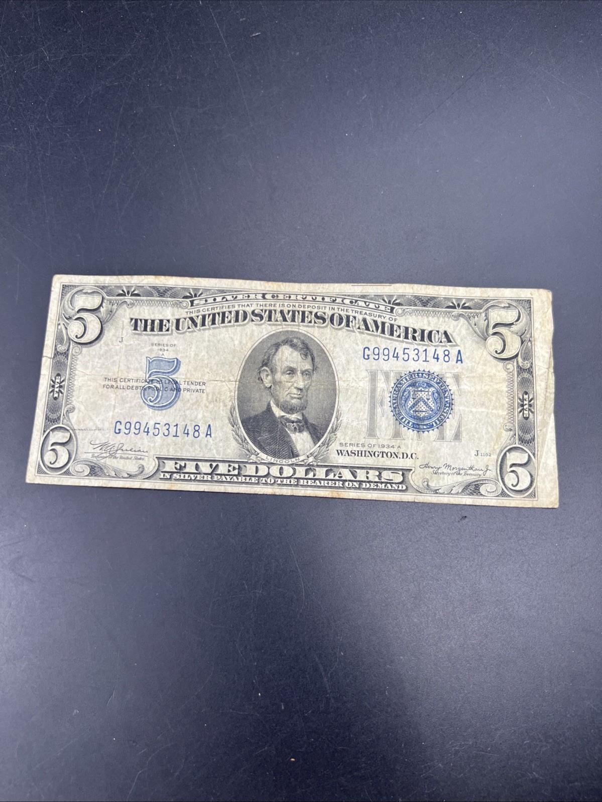 1934 A $5 Silver Certificate Note Blue Seal Bill VG Very Good Circ #148