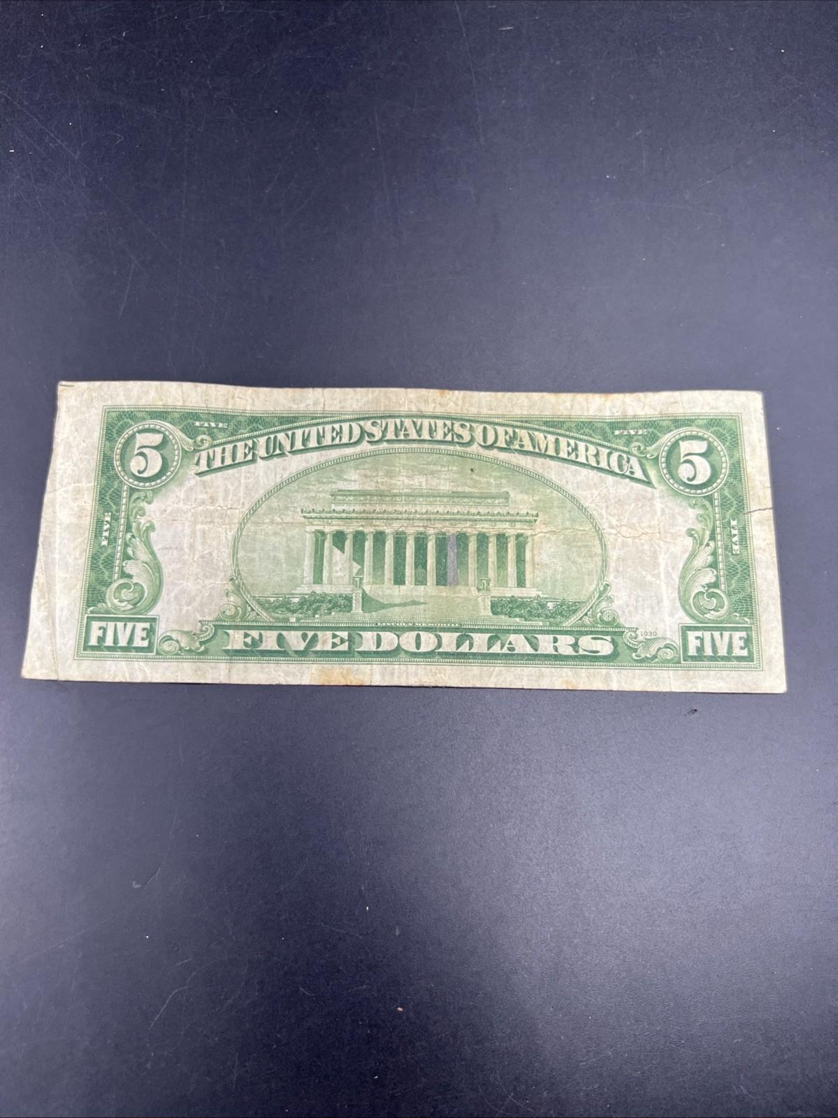 1934 A $5 Silver Certificate Note Blue Seal Bill VG Very Good Circ #148