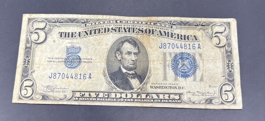 1934 A $5 Silver Certificate Note Blue Seal Bill Net VG Very Good Circ #816