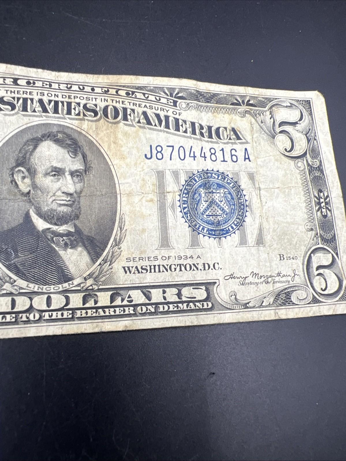 1934 A $5 Silver Certificate Note Blue Seal Bill Net VG Very Good Circ #816