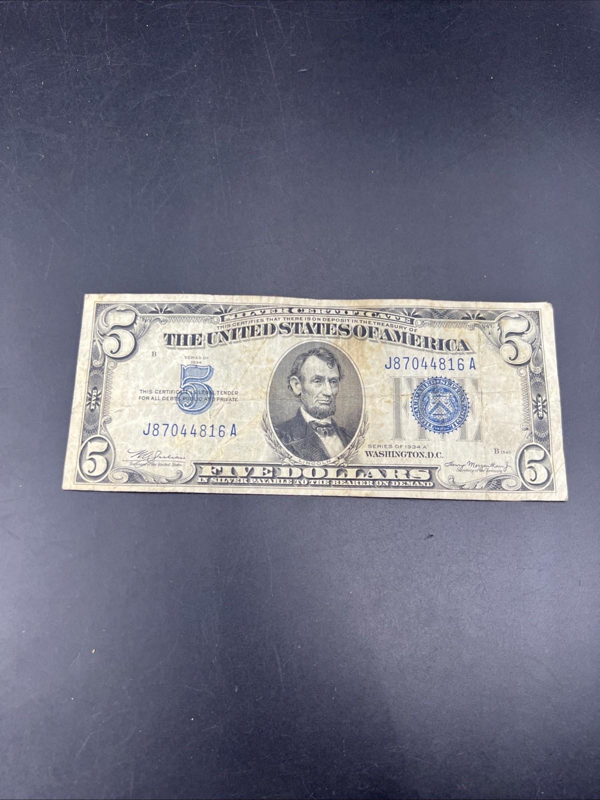 1934 A $5 Silver Certificate Note Blue Seal Bill Net VG Very Good Circ #816