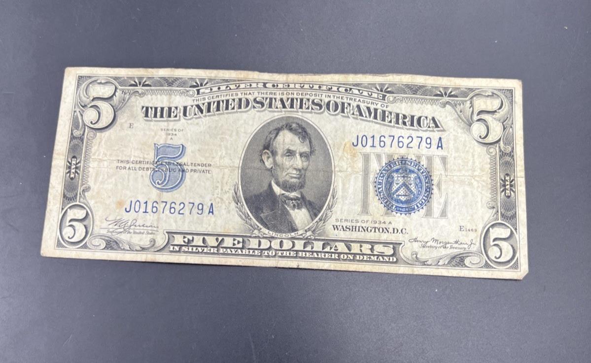 1934 A $5 Silver Certificate Note Blue Seal Bill VG Very Good Circ #279