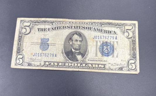 1934 A $5 Silver Certificate Note Blue Seal Bill VG Very Good Circ #279