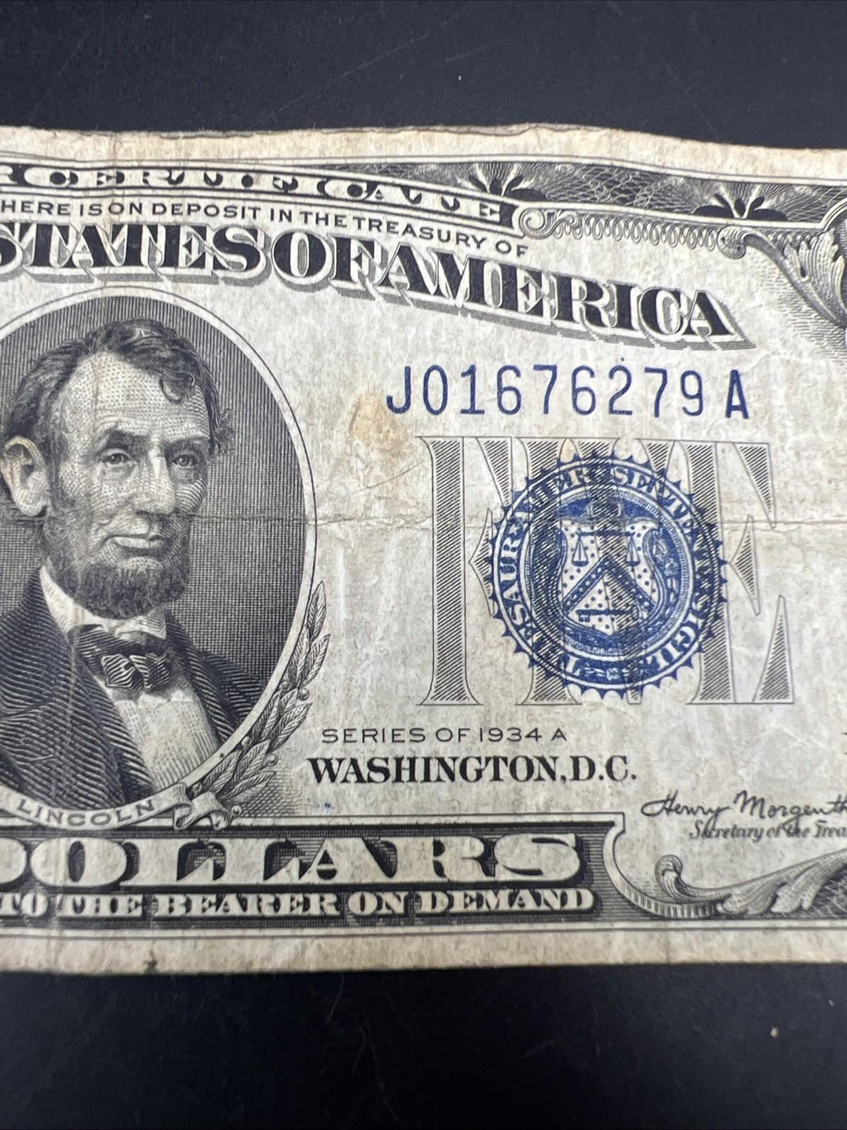 1934 A $5 Silver Certificate Note Blue Seal Bill VG Very Good Circ #279